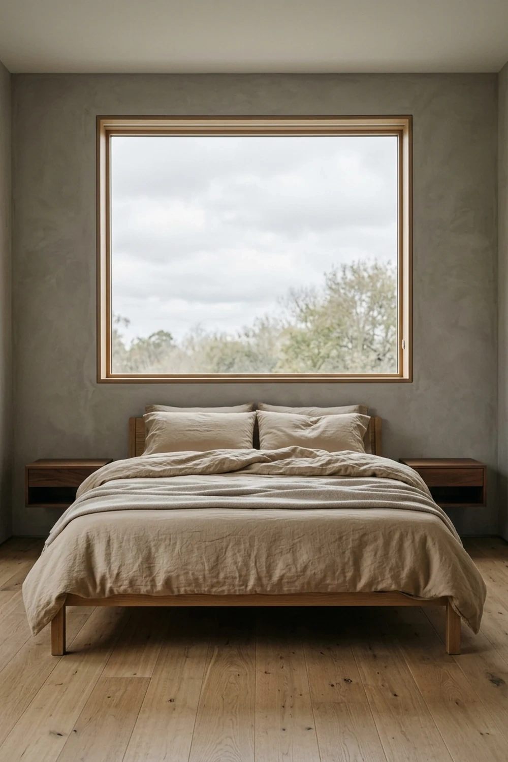 A low bed with sand-colored linen sits beneath a large uncovered window in a warm grey minimalist bedroom.