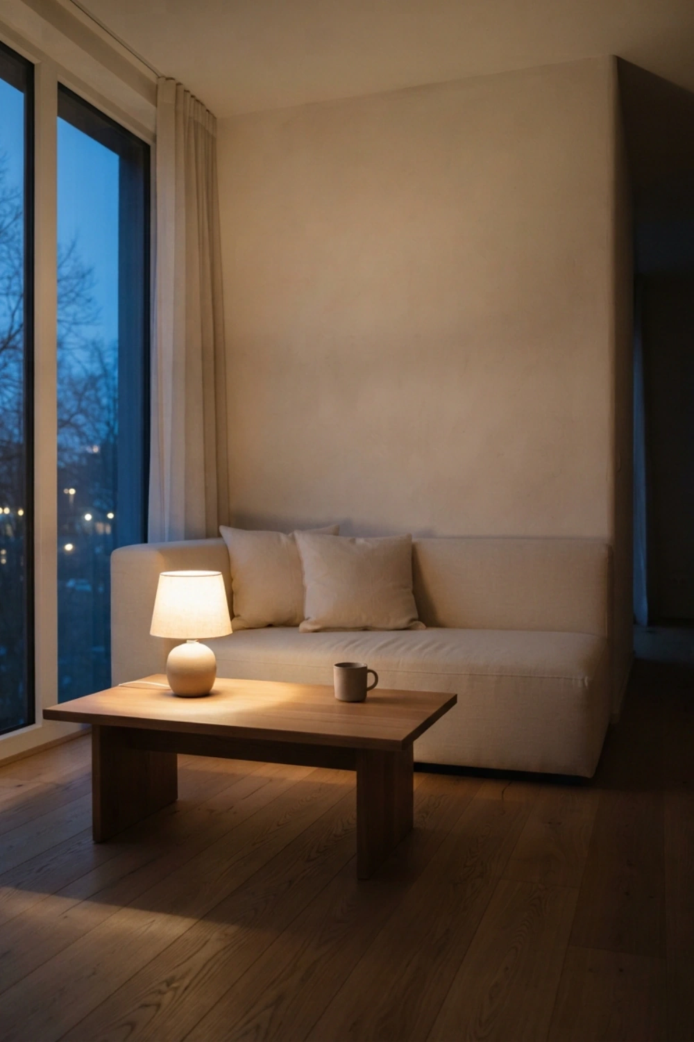 Warm minimalist living room at dusk with a cream sofa, low oak table, and a softly glowing table lamp.