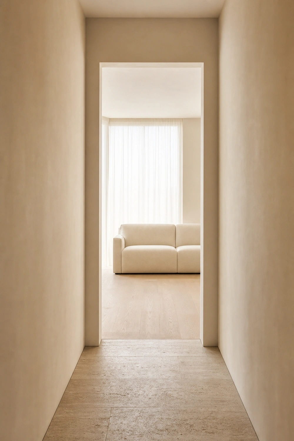 One-point view through a warm cream hallway toward a minimalist living room with a cream sofa.