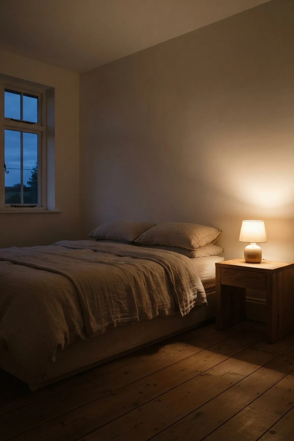 A warm ceramic lamp glows on an oak nightstand beside an oatmeal linen bed at blue dusk.