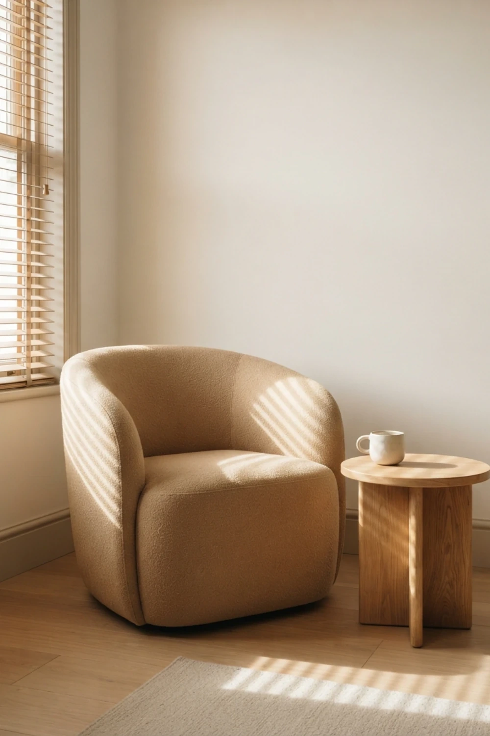 Warm minimalist reading corner with a sand-colored armchair, oak side table, and striped window light.