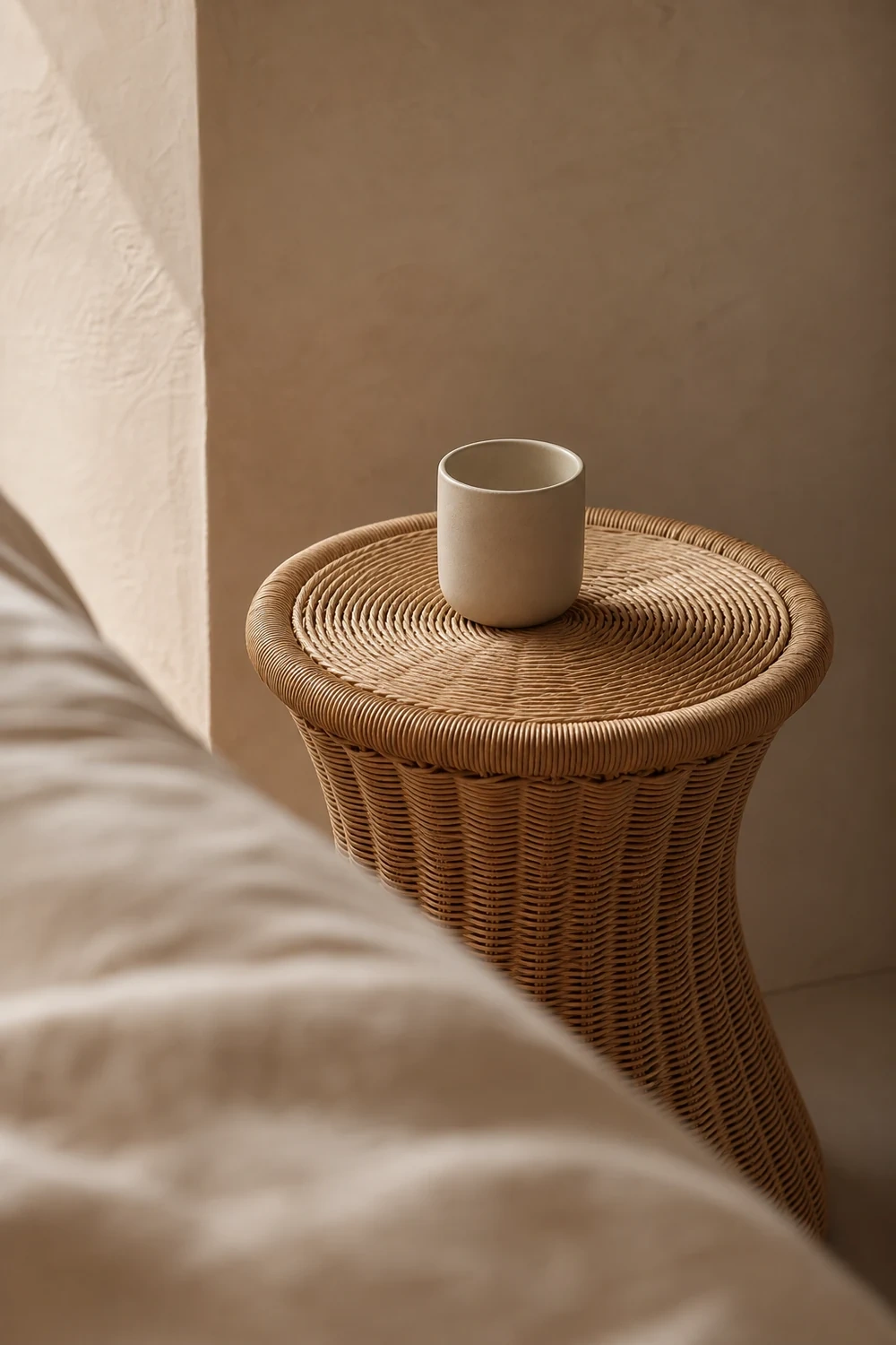 A matte ceramic cup sits on a woven rattan stool beside softly blurred oatmeal linen bedding.