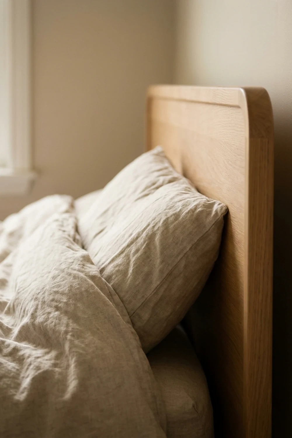 Close-up of wrinkled oatmeal linen bedding against the rounded corner of a light oak headboard.