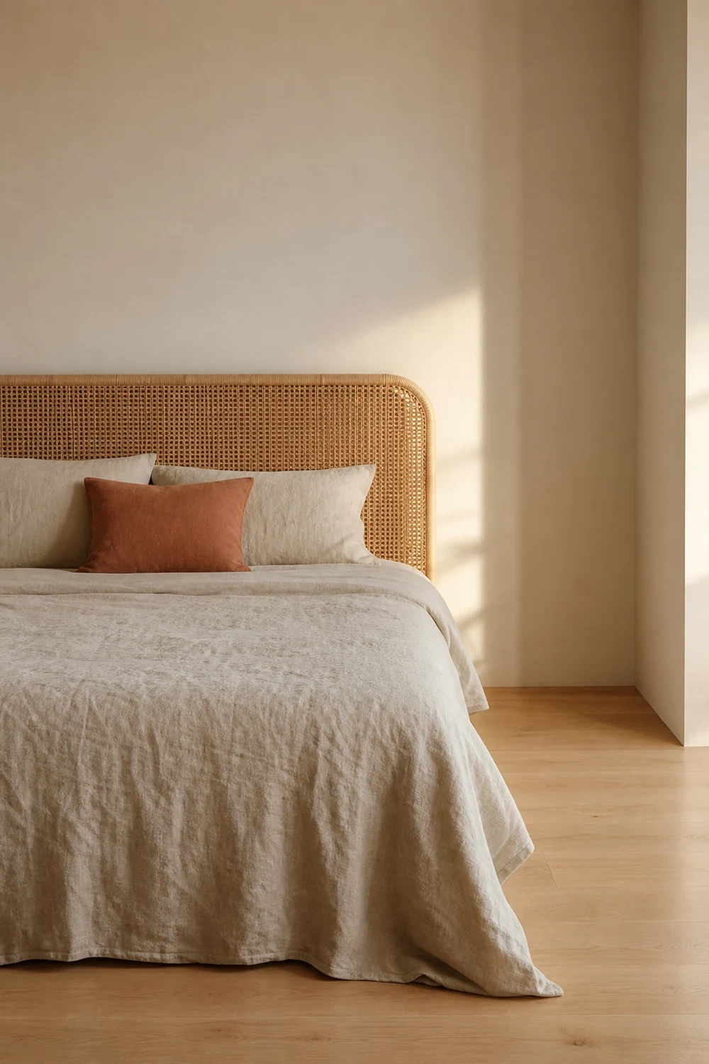 Golden-hour light falls across a warm minimalist bedroom with a natural rattan headboard and one terracotta cushion.