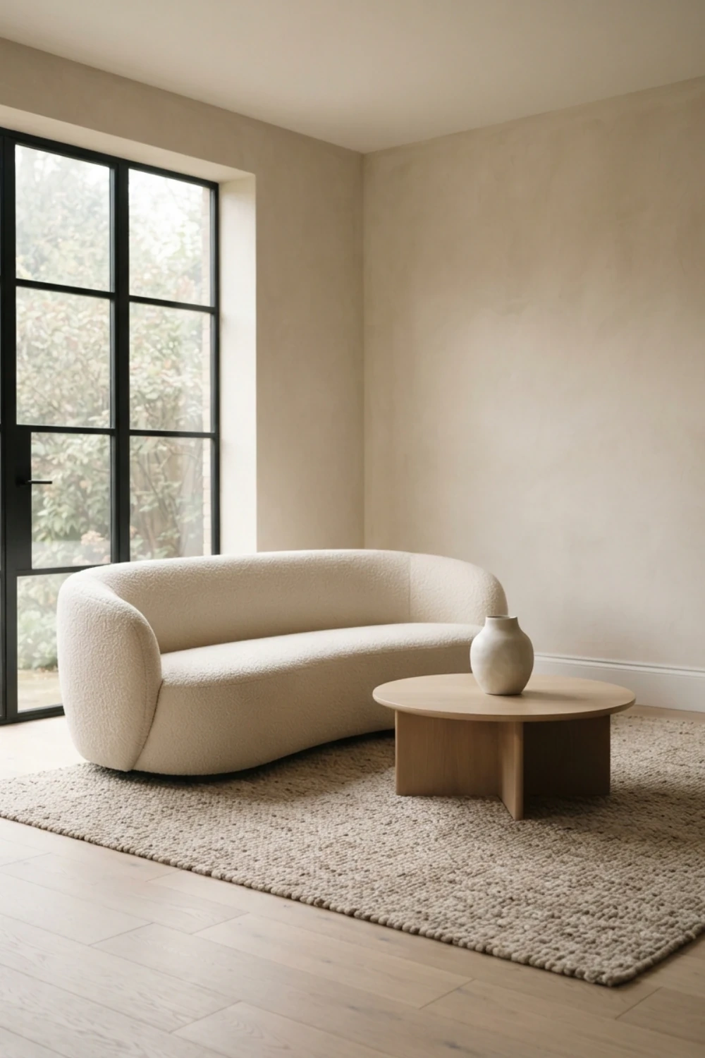 Soft morning light fills a warm minimalist living room with a curved cream boucle sofa and a low oak coffee table.