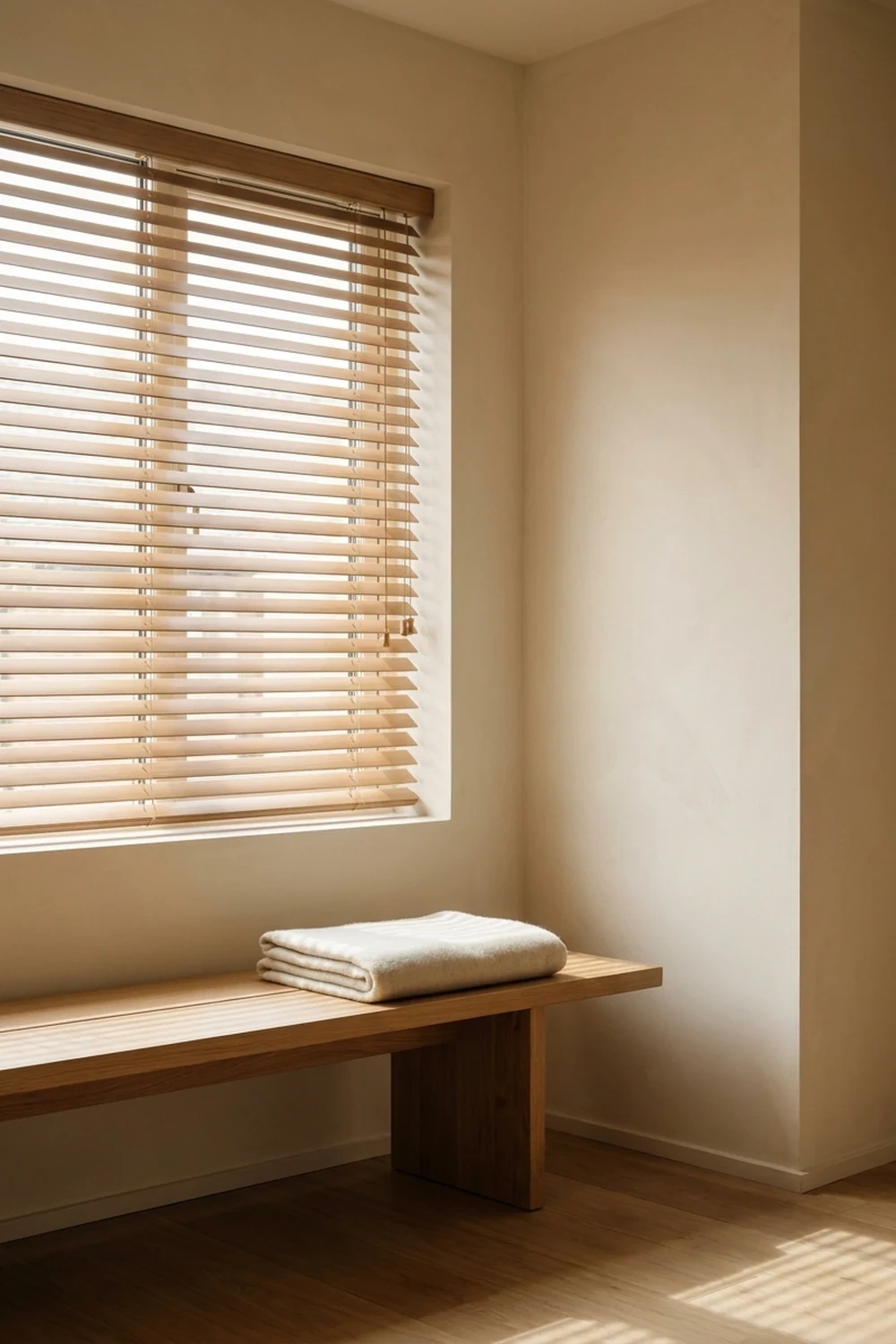 A folded undyed wool throw rests on a low oak bench beneath slatted blinds in a warm minimalist bedroom.