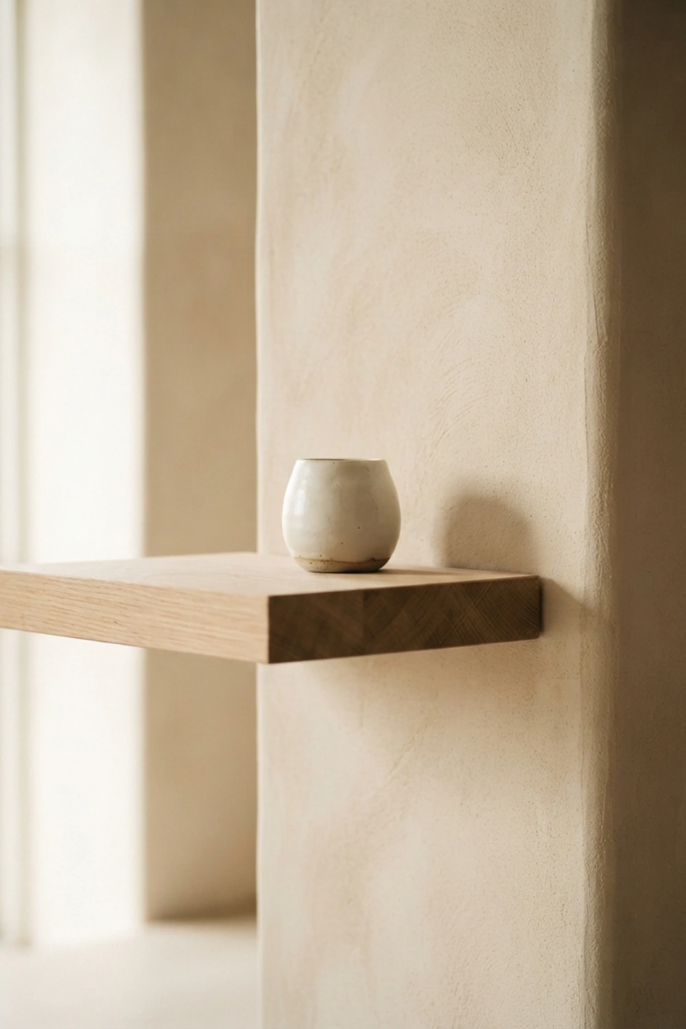 Close-up of a floating oak shelf and ceramic object against a textured warm plaster wall.