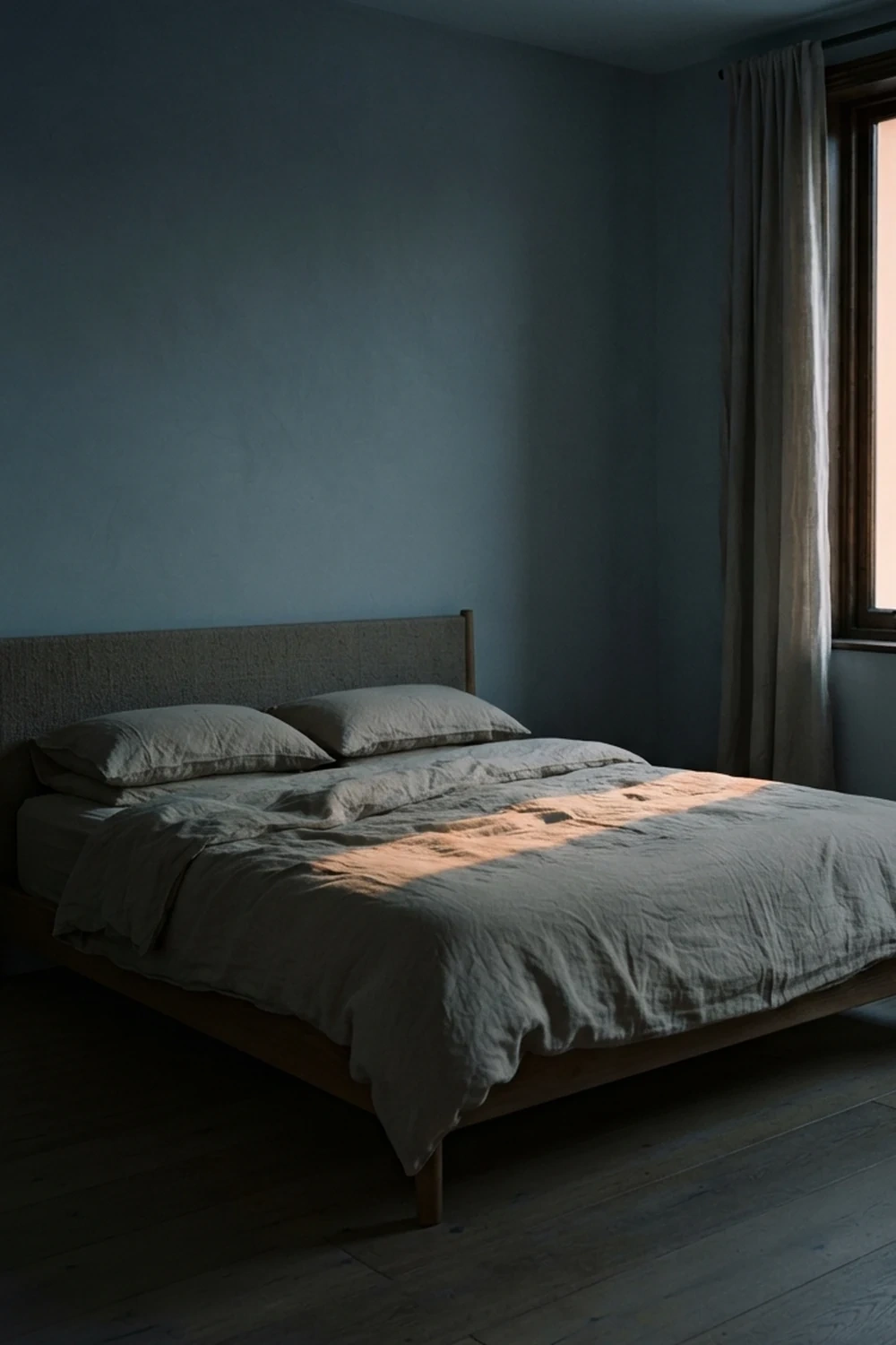 A narrow band of dawn light crosses wrinkled linen bedding in a blue-grey minimalist bedroom.