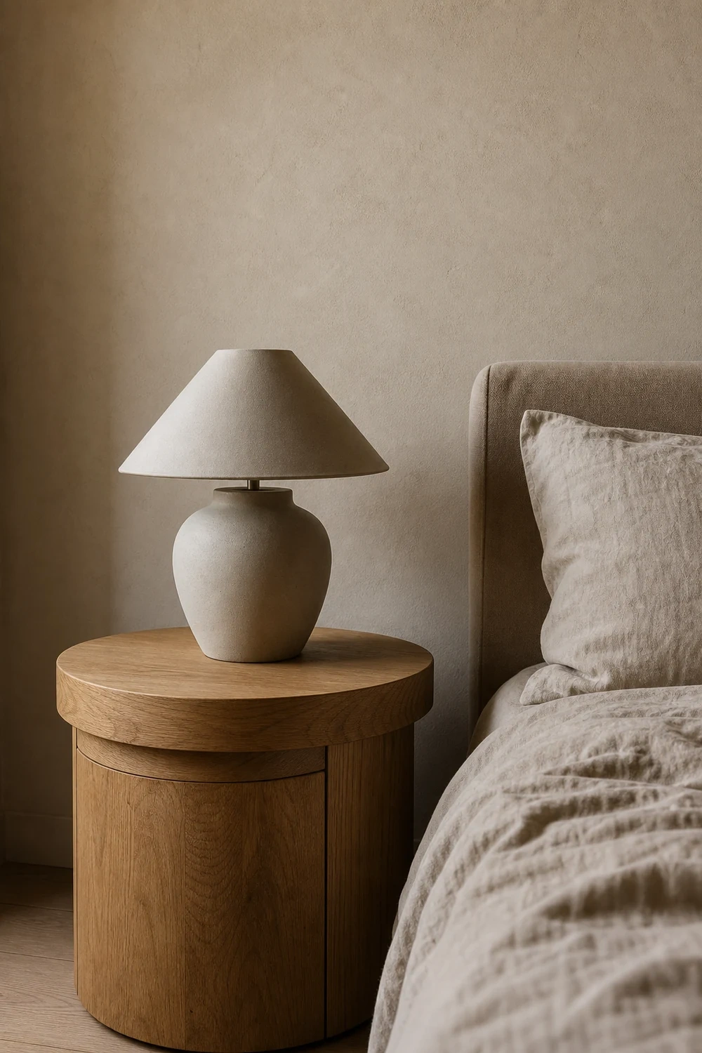 An unlit matte ceramic lamp rests on a round oak nightstand beside wrinkled oatmeal linen bedding.