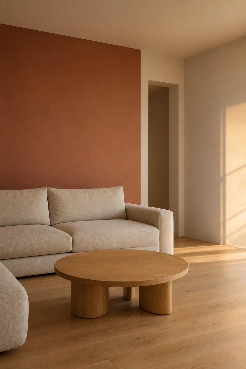 Warm minimalist living room with a muted terracotta accent wall, oatmeal linen sofa, and round oak coffee table in golden-hour light.