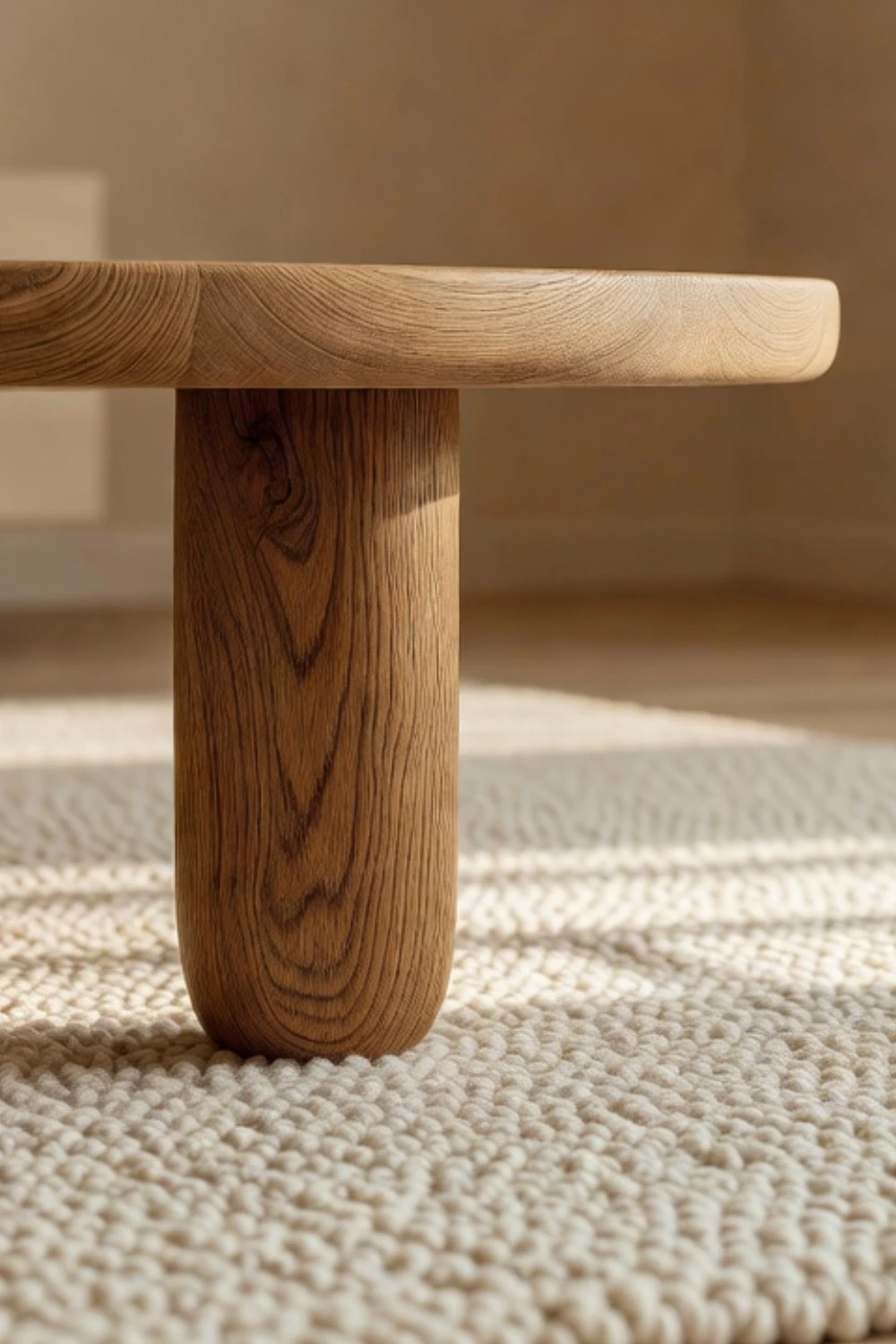 Close-up of a rounded oak coffee table leg resting on a thick undyed wool rug.