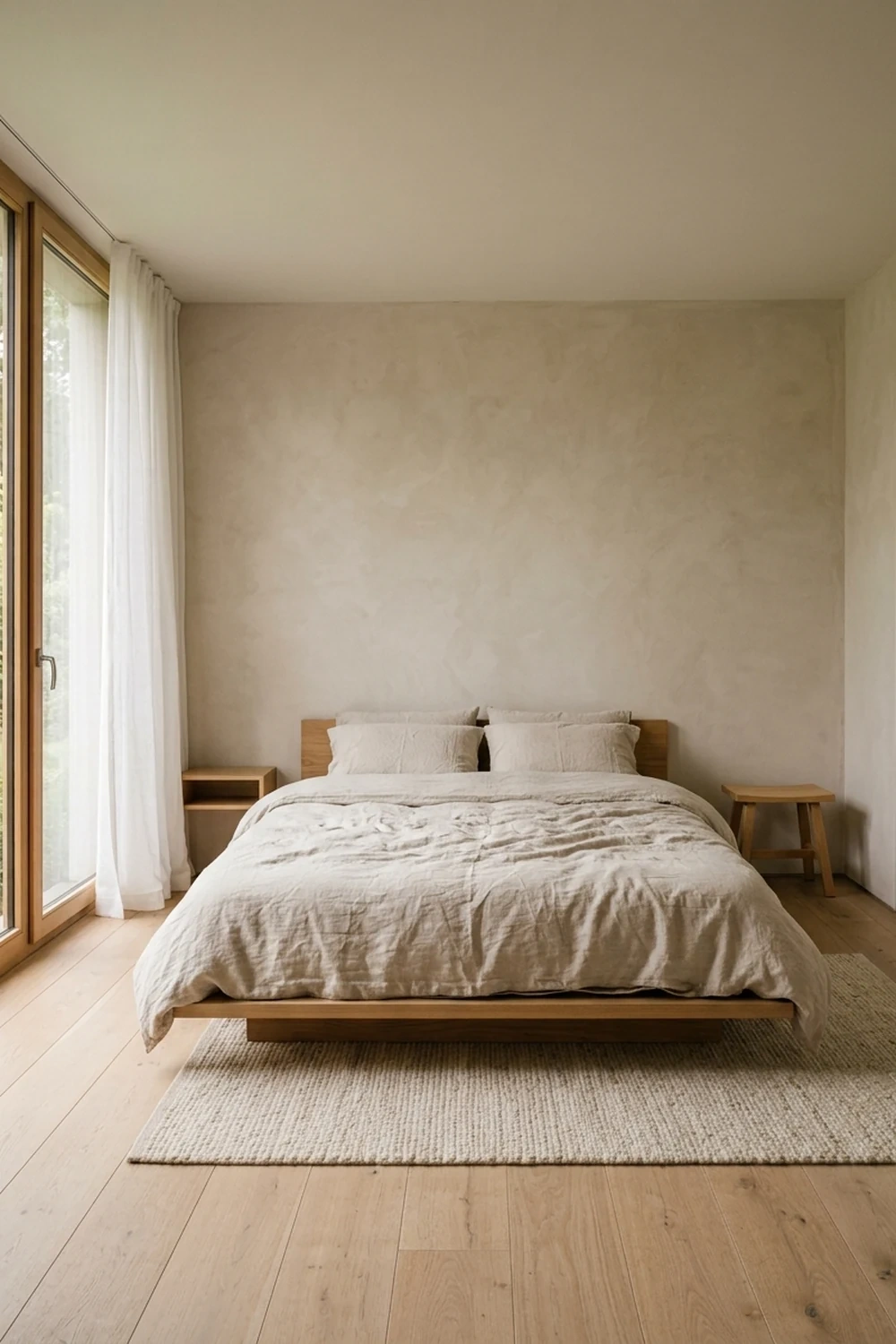 Soft morning light fills a warm minimalist bedroom with a low oak platform bed, oatmeal linen bedding, and textured plaster walls.