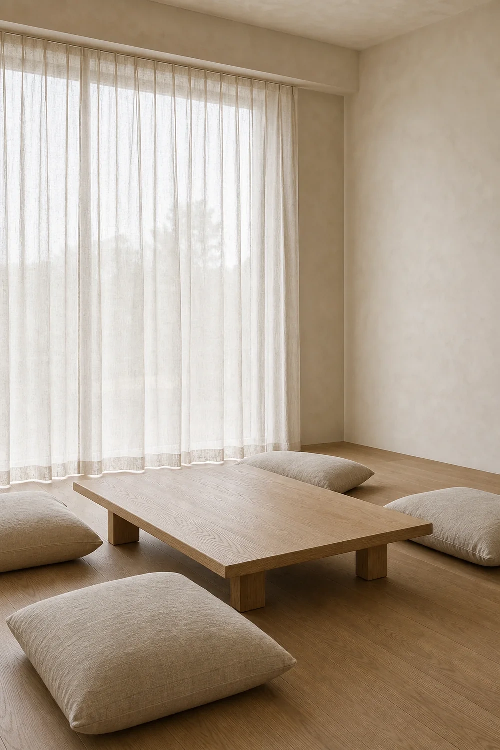 Low floor cushions surround a pale oak table beneath sheer linen curtains in a warm minimalist living room.