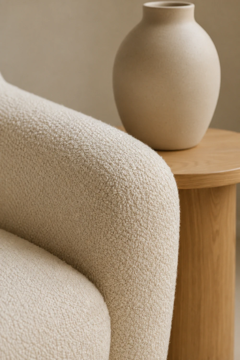 Close-up of cream boucle upholstery beside a matte ceramic vase on a light oak table.