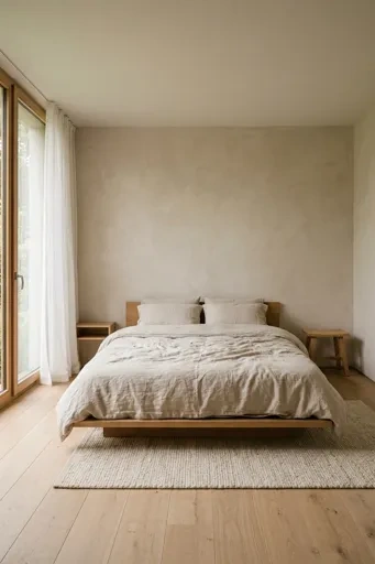 Soft morning light fills a warm minimalist bedroom with a low oak platform bed, oatmeal linen bedding, and textured plaster walls.